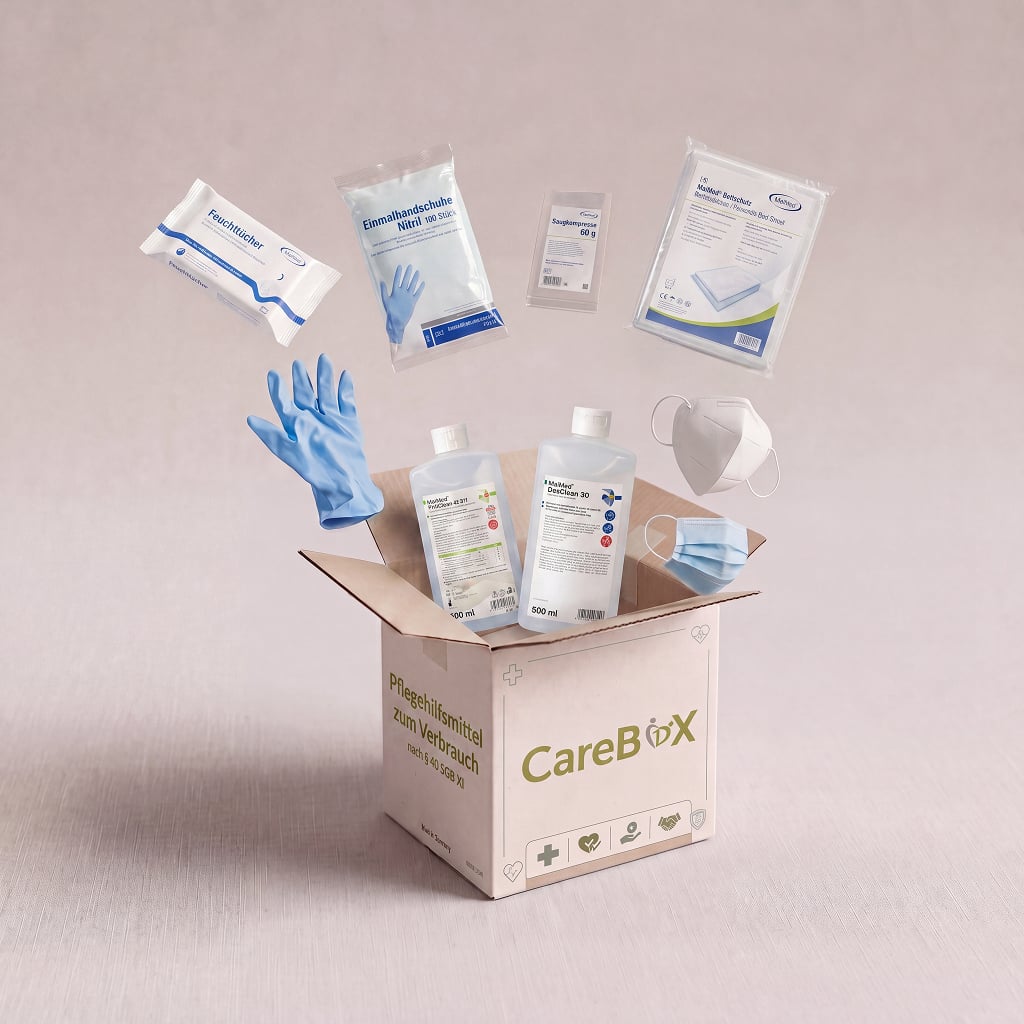 Pflegebox mit Pflegehilfsmitteln zum Verbrauch - Handschuhe, Desinfektionsmittel und Schutzausrüstung für häusliche Pflege
